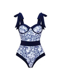 Tie Strap Contrast Print One Piece Swimsuit