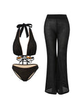 Beaded Knit Tie-String Black Bikini Set